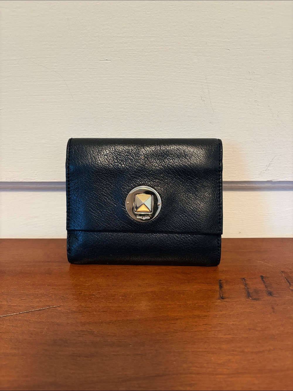 kate spade Black Leather Fold Wallet with Gold Accent